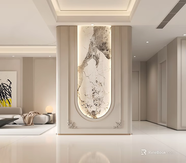 Elegant Modern Entryway Interior Design With Marble Feature Wall And Decorative Lighting 3d model 