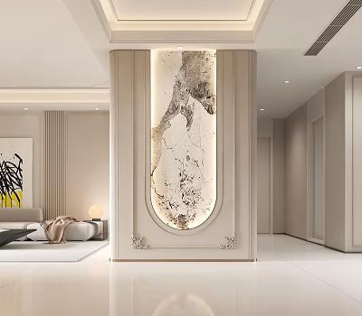 Elegant Modern Entryway Interior Design With Marble Feature Wall And Decorative Lighting 3d model