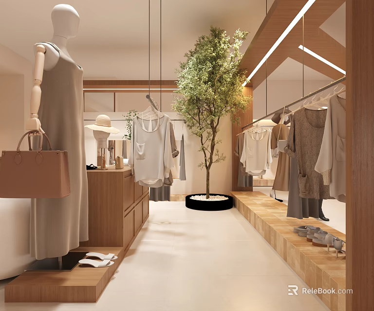 Modern Minimalist Clothing Store With Hanging Clothes Mannequins Handbags And Green Tree 3d model 
