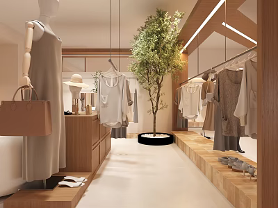 Modern Minimalist Clothing Store With Hanging Clothes Mannequins Handbags And Green Tree 3d model