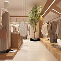 Modern Minimalist Clothing Store With Hanging Clothes Mannequins Handbags And Green Tree