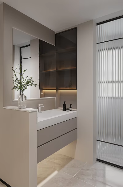 Modern Bathroom Interior With Mirror Lit Shelves White Sink Gray Cabinets Plants and Vertical Blinds 3d model
