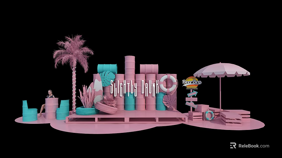 Pink Summer Scene With Palm Tree Slide Platform And Sliptex Float 3d model 