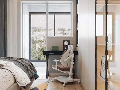 Kids Bedroom With Bed Ergonomic Chair Desk And Scenic Window View 3d model