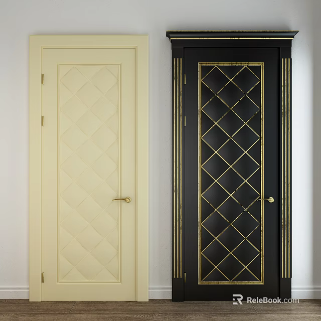 Cream Colored And Black Interior Swing Doors With Diamond Pattern Glass Design And Gold Handles 3d model 