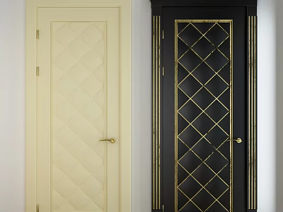 Cream Colored And Black Interior Swing Doors With Diamond Pattern Glass Design And Gold Handles 3d model
