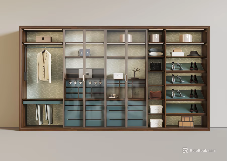 Modern Spacious Wardrobe With Clothes Storage Drawers Shoe Compartments And Glass Doors 3d model 