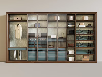 Modern Spacious Wardrobe With Clothes Storage Drawers Shoe Compartments And Glass Doors 3d model