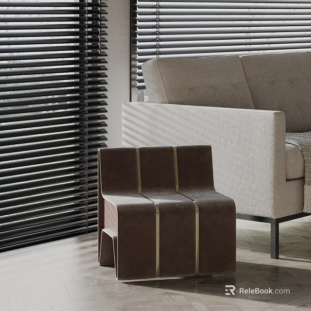 Stylish Modern Leather Side Table with Stitched Design Near Sofa and Blinds in Living Room 3d model 