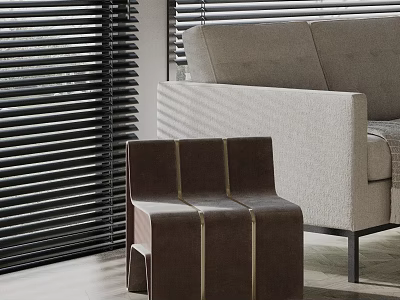 Stylish Modern Leather Side Table with Stitched Design Near Sofa and Blinds in Living Room 3d model