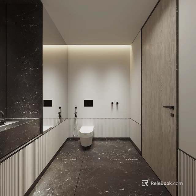 Modern Bathroom Interior Design With Marble Floor Toilet Sink Black Countertop And Wall Lighting 3d model 
