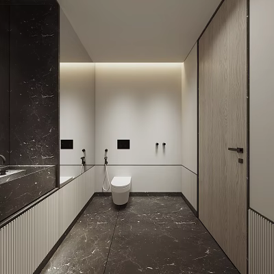 Modern Bathroom Interior Design With Marble Floor Toilet Sink Black Countertop And Wall Lighting 3d model