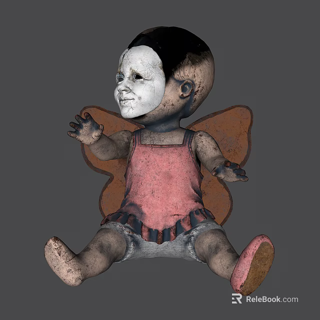 Game Movie Character Tattered Doll With White Mask Black Hair And Butterfly Wings 3d model 