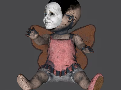 Game Movie Character Tattered Doll With White Mask Black Hair And Butterfly Wings 3d model