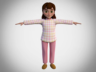 Animated Game Movie Character With Brown Hair Pink Plaid Shirt Pink Pants And Arms Outstretched 3d model