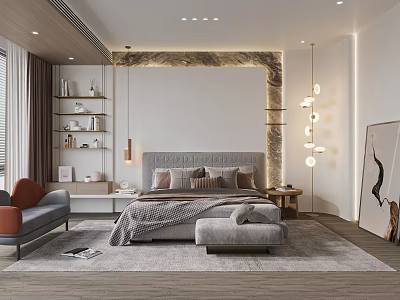 Modern Bedroom Interior With Upholstered Headboard Area Rug Nightstands And Decorative Art 3d model
