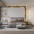 Modern Bedroom Interior With Upholstered Headboard Area Rug Nightstands And Decorative Art