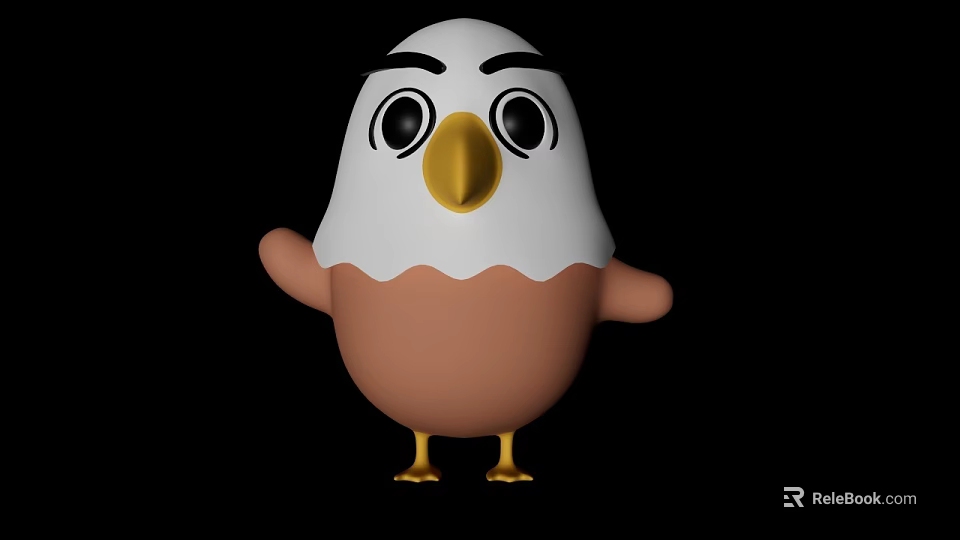 Cute Cartoon Reptile Character With White Head Black Big Eyes Brown Body And Yellow Feet On Black Background 3d model 