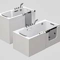 Two Modern White Bathtubs With Chrome Faucets And Glass Doors