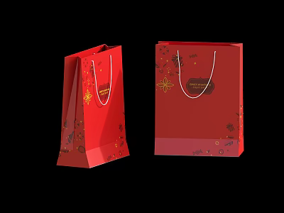 Red Gift Bags With Golden Decorative Patterns And Silver Handles For Elegant Gift Packaging 3d model