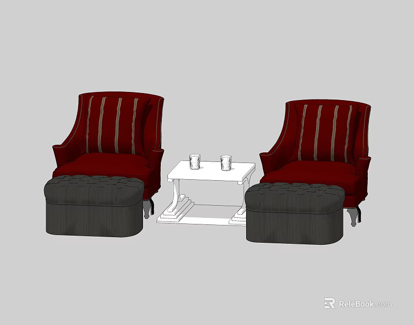 Red Striped Single Sofa with Gray Ottoman and White Side Table with Cups 3d model