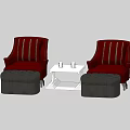 Red Striped Single Sofa with Gray Ottoman and White Side Table with Cups 3d model