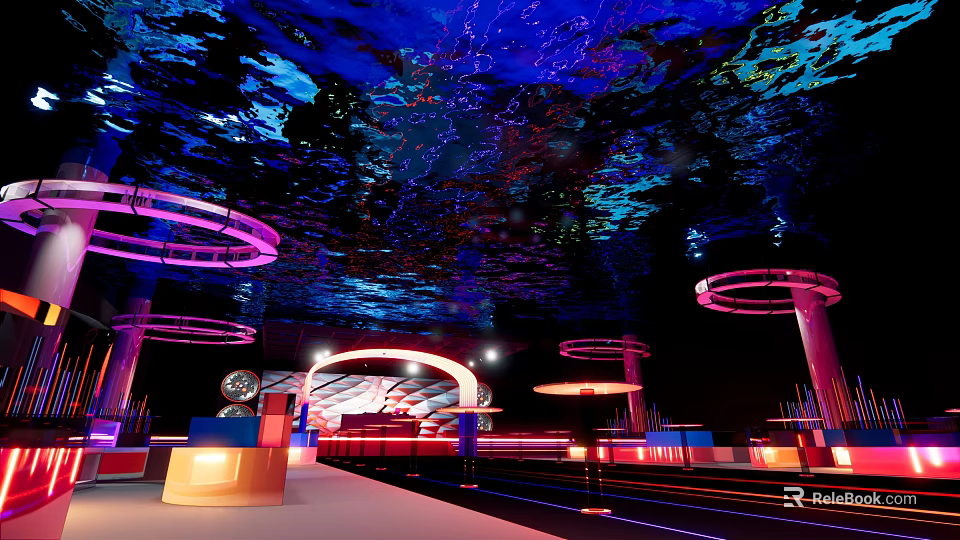 Modern Bar With Deep Blue Purple Lighting Starry Cosmic Ceiling Circular Neon Decorations And Seating 3d model 