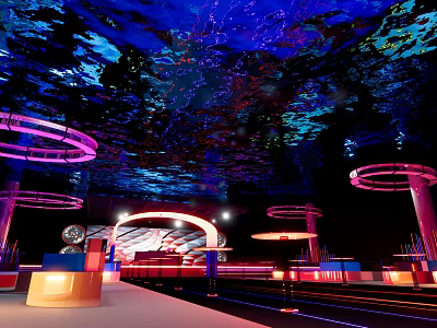 Modern Bar With Deep Blue Purple Lighting Starry Cosmic Ceiling Circular Neon Decorations And Seating 3d model
