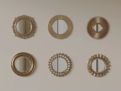Six Decorative Mirrors With Various Golden Frame Designs On Beige Background 3d model