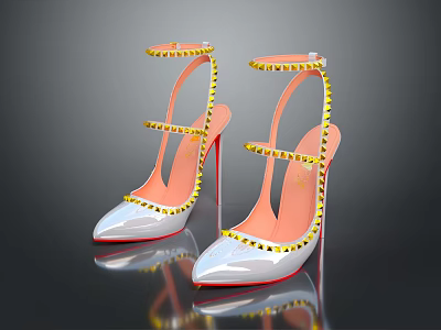 Fashionable Pink And White High Heels With Yellow Studs Pointed Toe And Ankle Straps 3d model