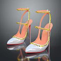 Fashionable Pink And White High Heels With Yellow Studs Pointed Toe And Ankle Straps