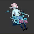 Pink Haired Woman In White Top Blue Pants With Blue Leaves Pink Flowers Water Droplets