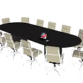 Oval Dark Wood Conference Table With Modern Wheeled Chairs And Laptop On Top