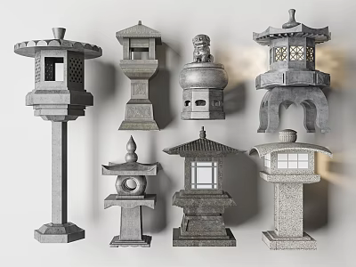 Traditional Stone Outdoor Lights With Various Decorative Garden Lantern Designs 3d model