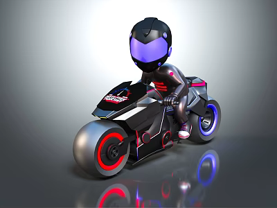 Futuristic Helmeted Biker Riding Sleek Black Motorcycle With Red Blue Wheels And Purple Visor 3d model