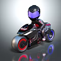 Futuristic Helmeted Biker Riding Sleek Black Motorcycle With Red Blue Wheels And Purple Visor