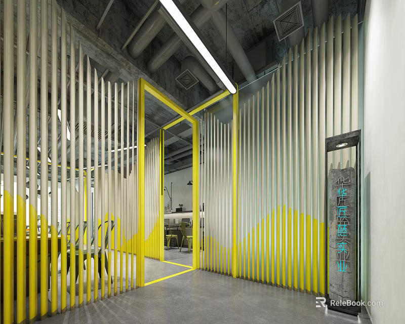 Modern Front Desk Reception Interior Design With Yellow Accents And Vertical Slats 3d model 