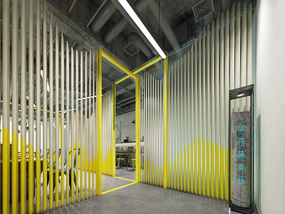 Modern Front Desk Reception Interior Design With Yellow Accents And Vertical Slats 3d model