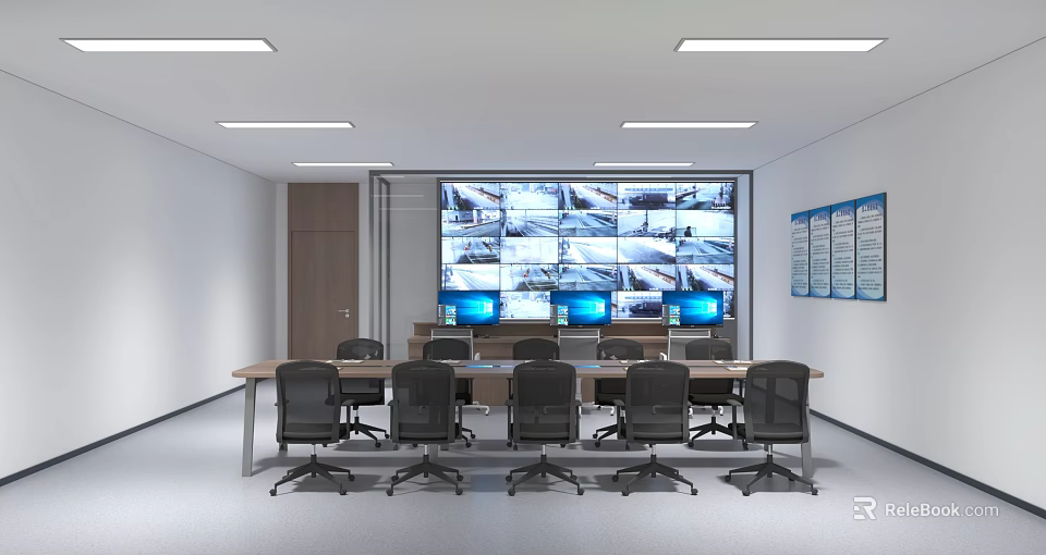Professional Security Control Room Interior With Multiple Surveillance Monitor Screens Conference Table And Ergonomic Chairs 3d model 