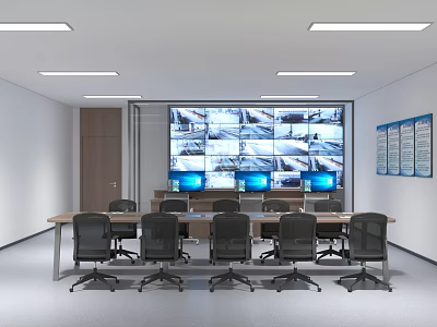 Professional Security Control Room Interior With Multiple Surveillance Monitor Screens Conference Table And Ergonomic Chairs 3d model