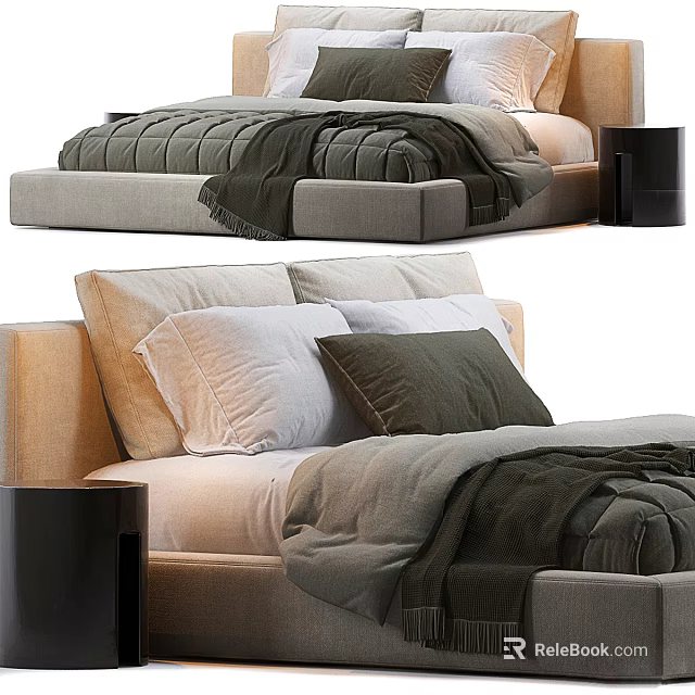 Modern Double Bed With Gray Bedding White Dark Green Pillows Fabric Headboard And Black Nightstand 3d model 