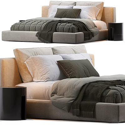 Modern Double Bed With Gray Bedding White Dark Green Pillows Fabric Headboard And Black Nightstand 3d model