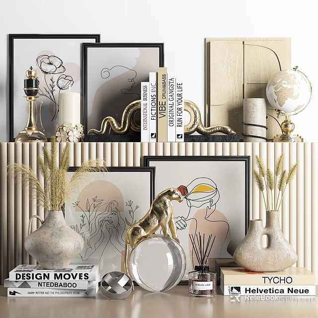 Elegant Modern Decorative Ornament Combination With Golden Sculpture Ceramic Vases Framed Art And Glass Globe 3d model 
