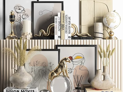 Elegant Modern Decorative Ornament Combination With Golden Sculpture Ceramic Vases Framed Art And Glass Globe 3d model
