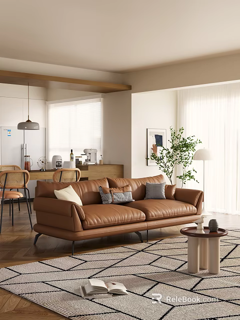 Modern Living And Dining Room With Brown Leather Sofa Throw Pillows Green Plant And Pendant Light 3d model 