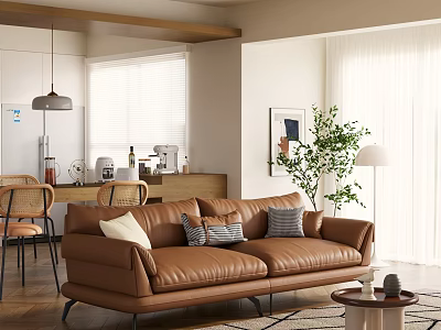 Modern Living And Dining Room With Brown Leather Sofa Throw Pillows Green Plant And Pendant Light 3d model
