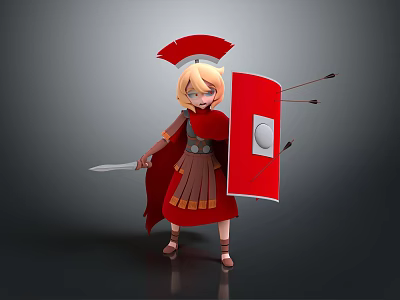 Cartoon Style Roman Soldier Game And Movie Character With Red Helmet Shield And Sword 3d model