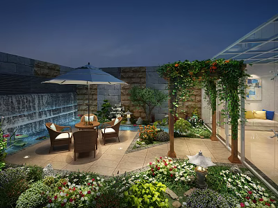 Serene Garden Landscape With Water Feature Seating Area Vine Covered Pergola And Colorful Flowers 3d model
