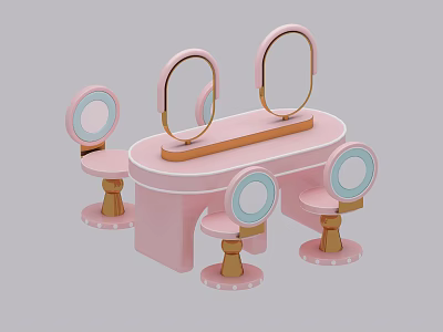 Pink Dressing Table With Multiple Round Mirrors And Matching Stools Design 3d model