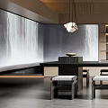Modern Tea Room With Bar Counter Stools Shelves And Water Decor